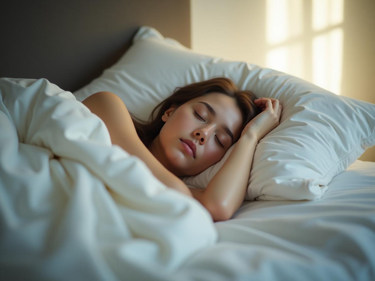 A person sleeping peacefully in a comfortable bed, surrounded by soft light and calming colors.