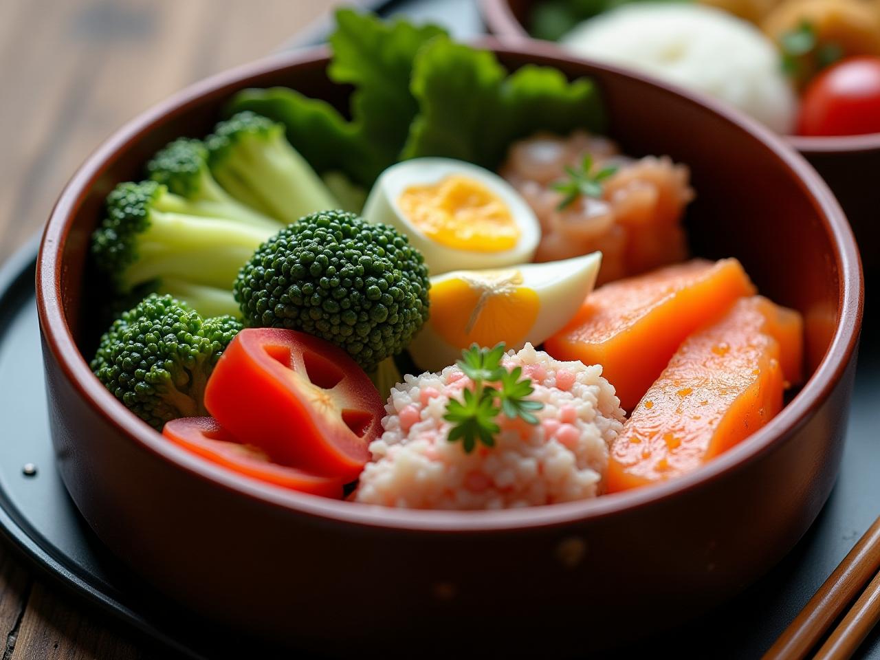 A Japanese bento box with various healthy foods like vegetables, fish, and rice.