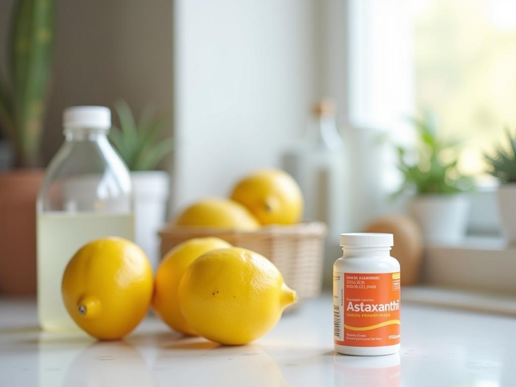A clean kitchen counter with lemons, baking soda, and vinegar, alongside a bottle of Astaxanthin supplements.