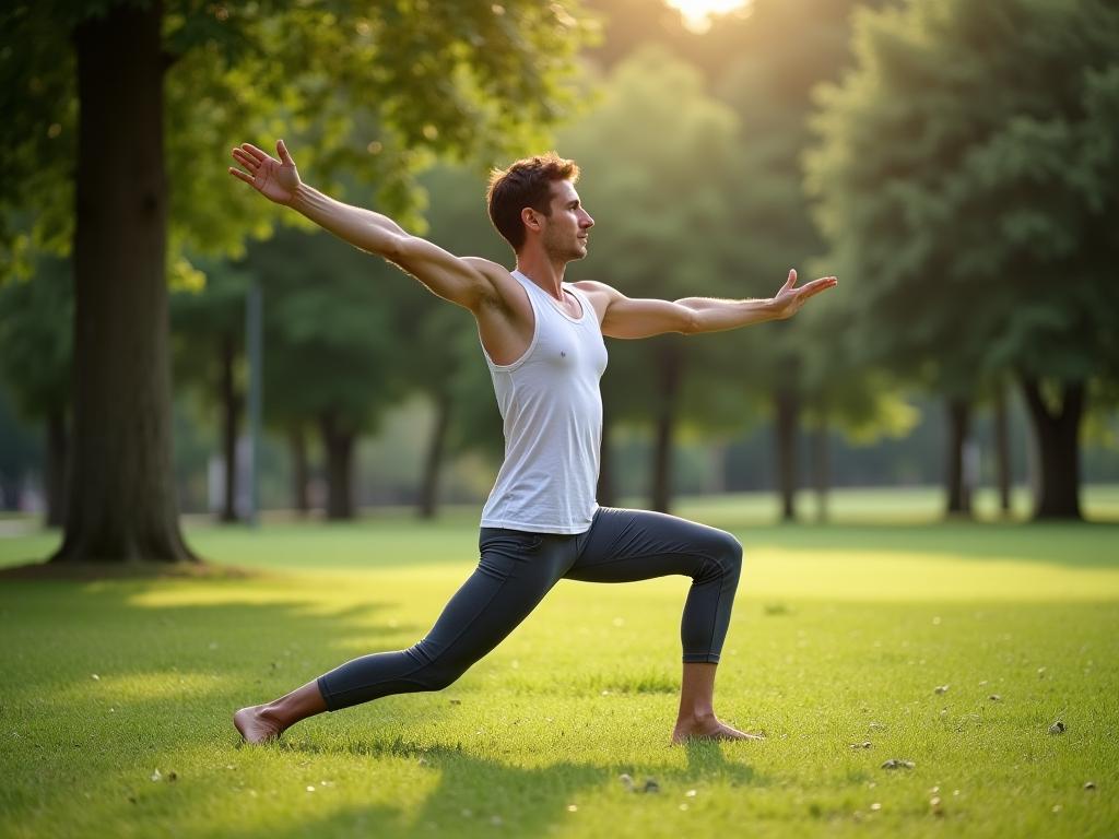A person practicing natural movement in a park setting, emphasizing flexibility and connection with nature.