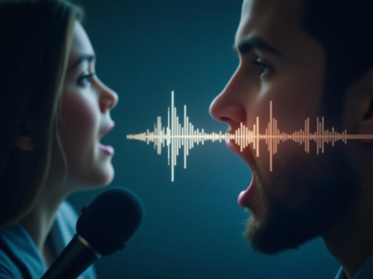 A close-up image of a person speaking into a microphone, with abstract sound waves visualized in the background, symbolizing the analysis of voice patterns.