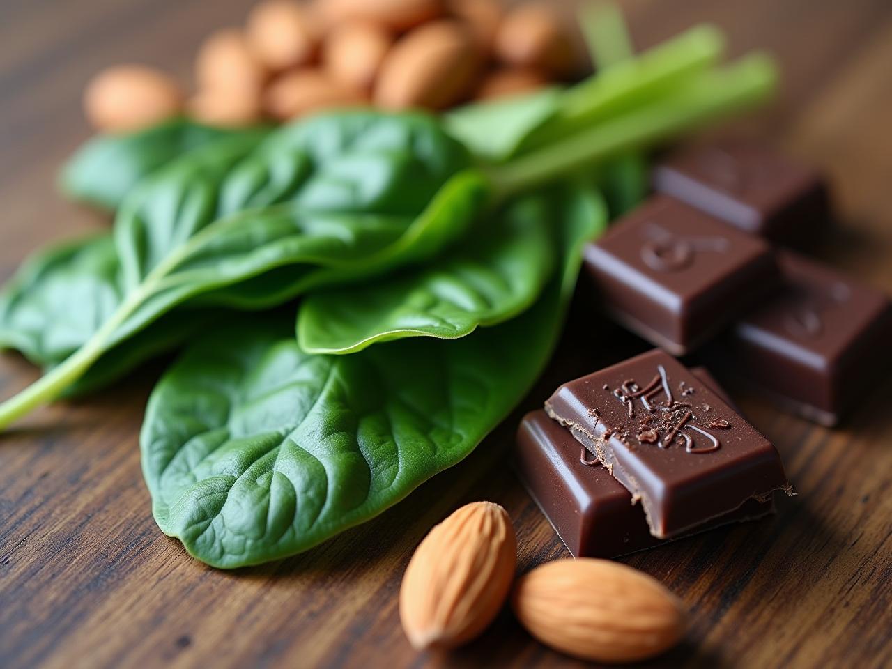 Close-up of magnesium-rich foods such as spinach, almonds, and dark chocolate arranged on a wooden table.