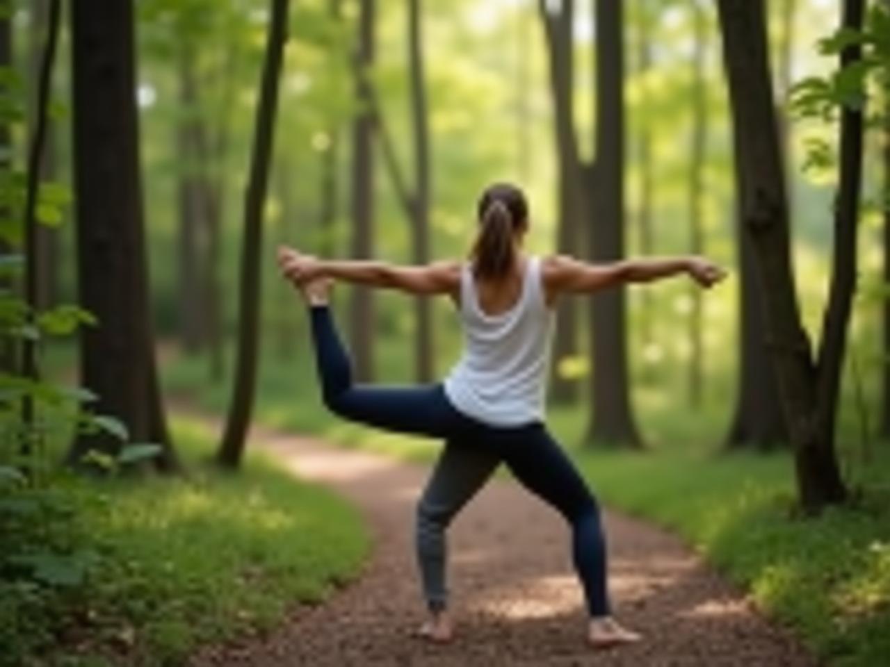 A person practicing slow, mindful movements in a natural setting like a forest, focusing on connecting with their body.