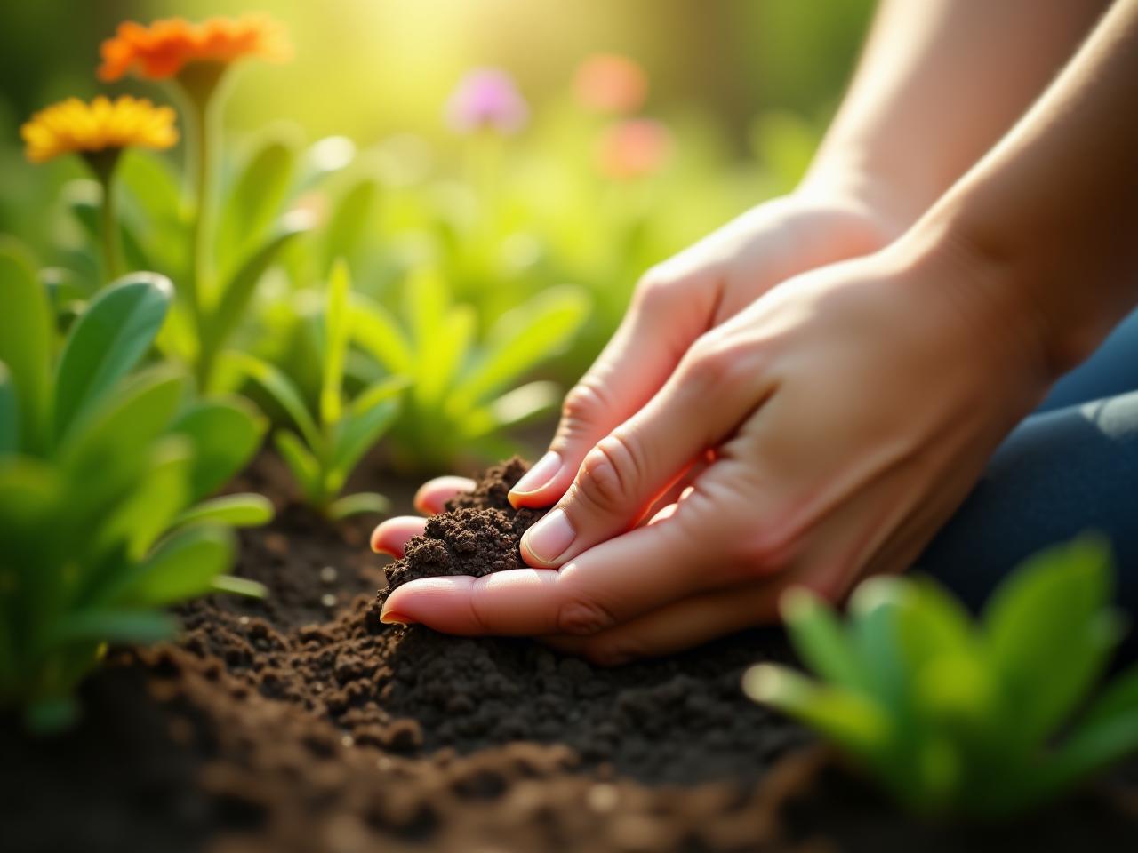 A persons hands gently touching soil in a garden with various green plants and flowers in the background, illuminated by sunlight. The image aims to convey a feeling of peace and connection to nature.