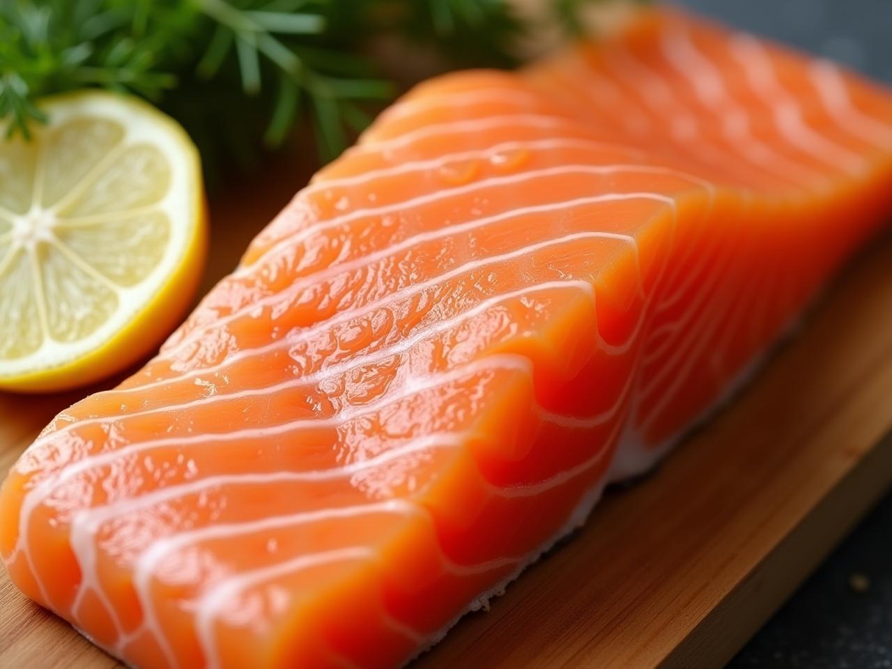 A close-up image of a salmon fillet, showcasing its vibrant pink color. The salmon is placed on a wooden cutting board with fresh dill and lemon slices, symbolizing the natural source of astaxanthin.