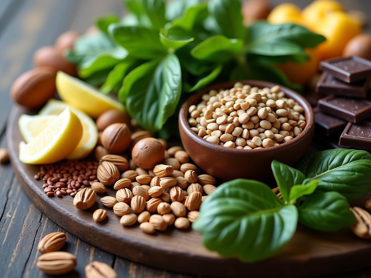 A close-up shot of various magnesium-rich foods, such as leafy greens, nuts, seeds, and dark chocolate, arranged in a visually appealing and healthy-looking display.