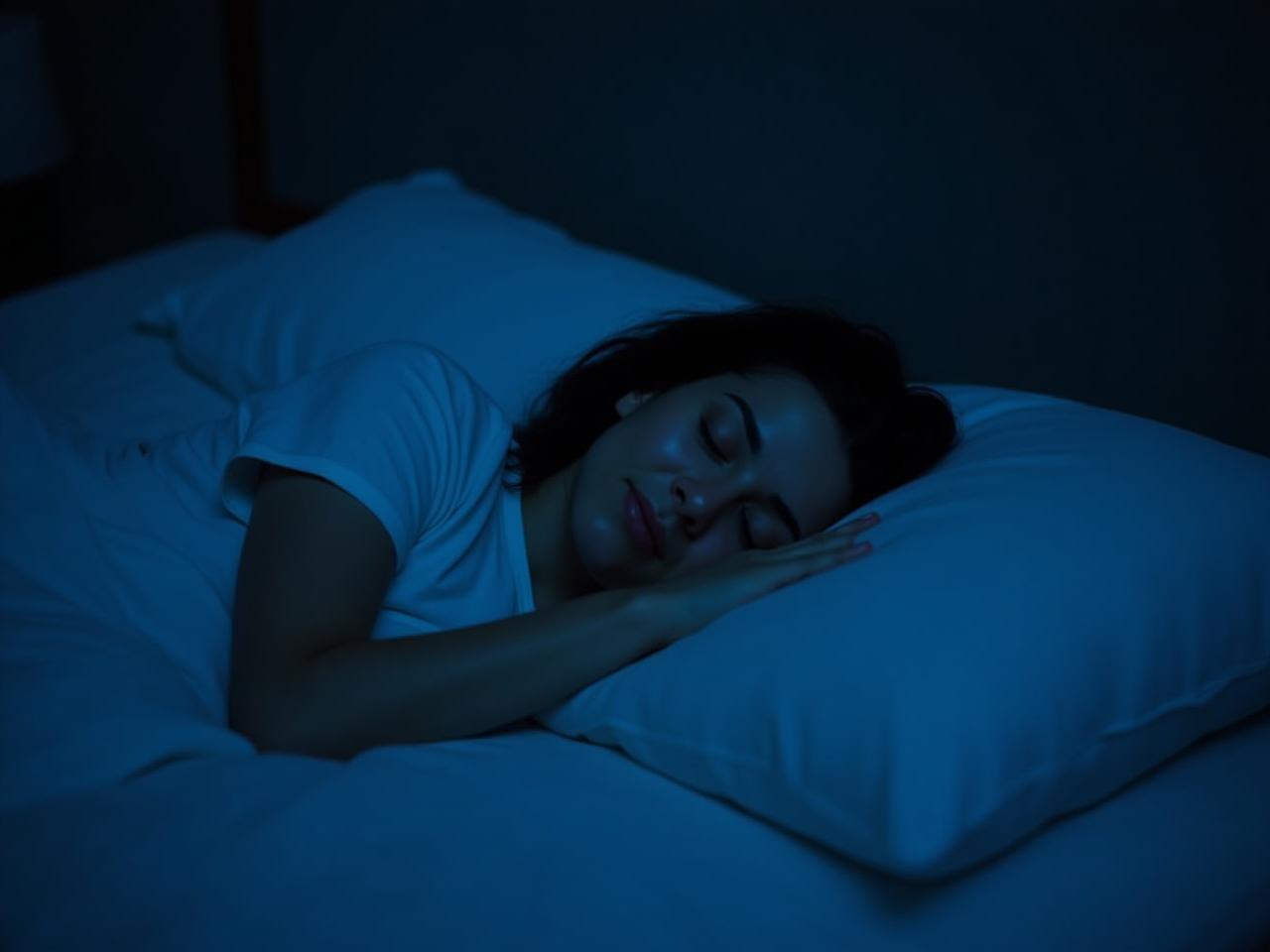 A person sleeping peacefully in a dark room, with a calming blue light and soft pillows.