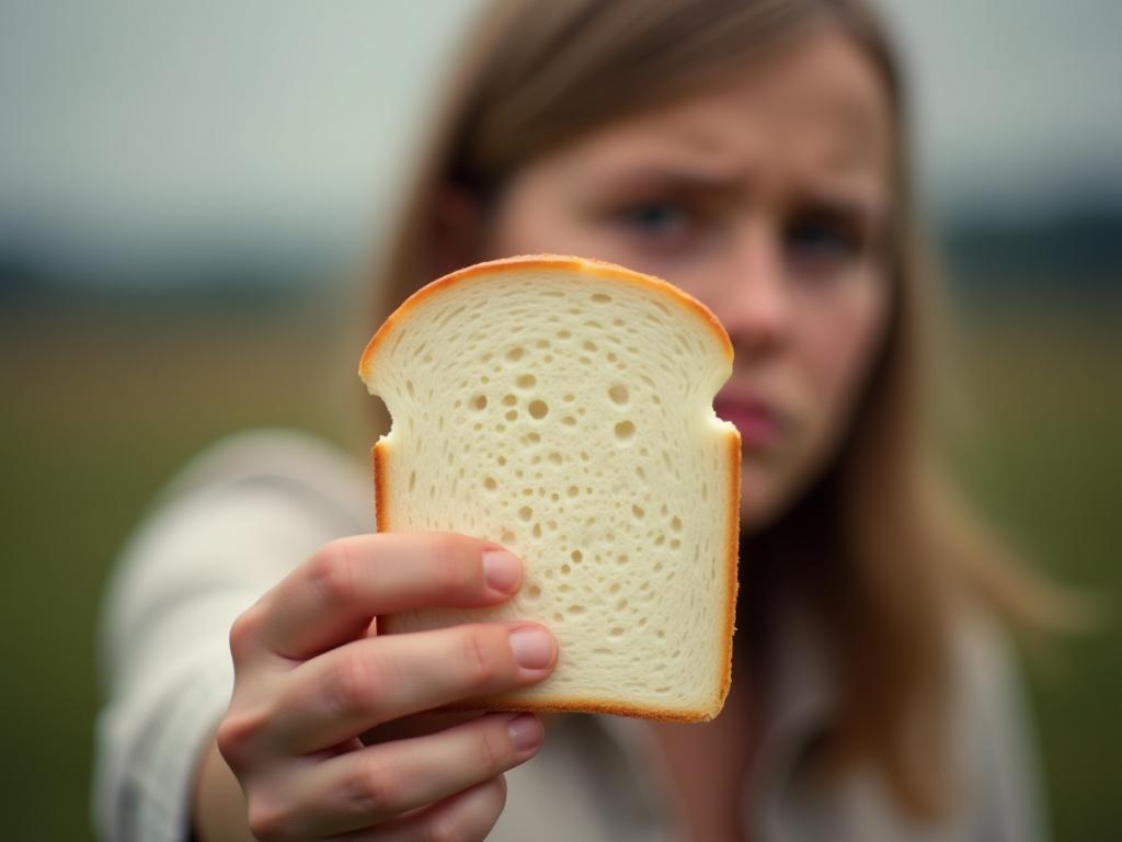 Close-up of a hand reaching for a slice of white bread, with a slightly anxious expression on the persons face. In the background, a blurred image of a serene landscape.