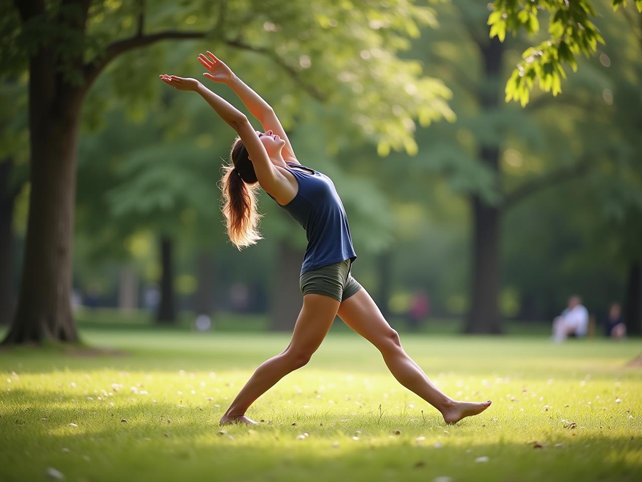 A person doing a natural movement exercise in a park, barefoot, connecting with nature.