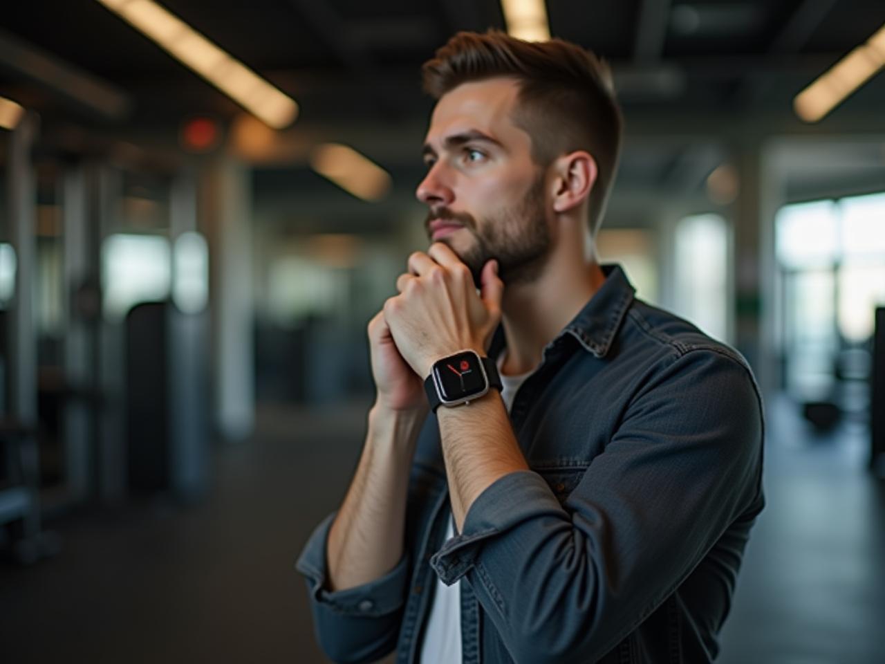 A person looking thoughtful while holding a smartwatch, with a gym in the blurry background.