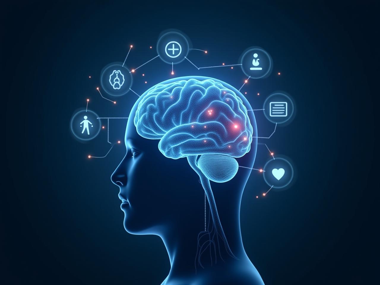Abstract representation of a brain connected to various health data points, symbolizing the AIs ability to analyze complex medical information.