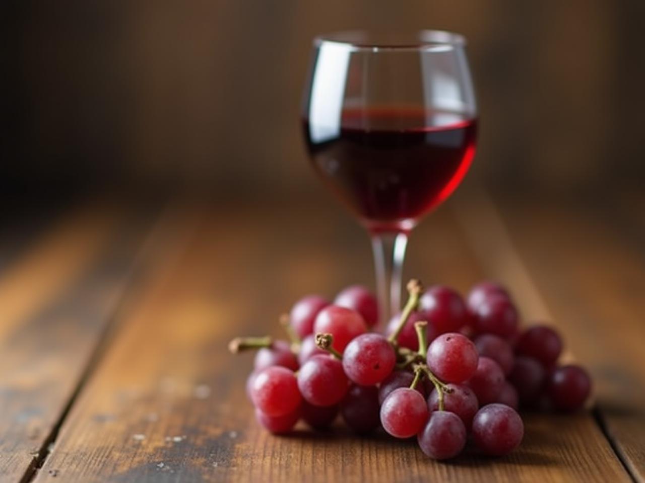 A glass of red wine next to grapes on a wooden table.