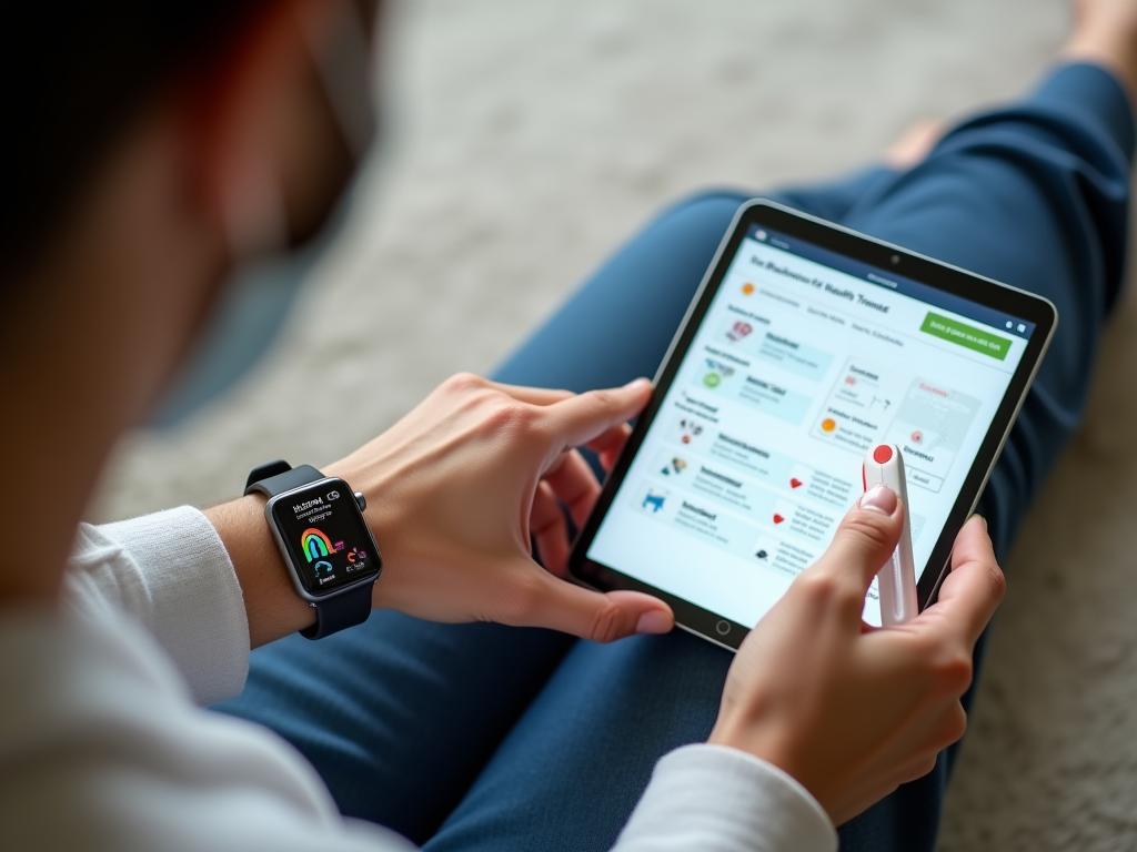 A person wearing a smartwatch and looking at blood test results on a tablet. The image should convey the idea of integrating different health data sources.