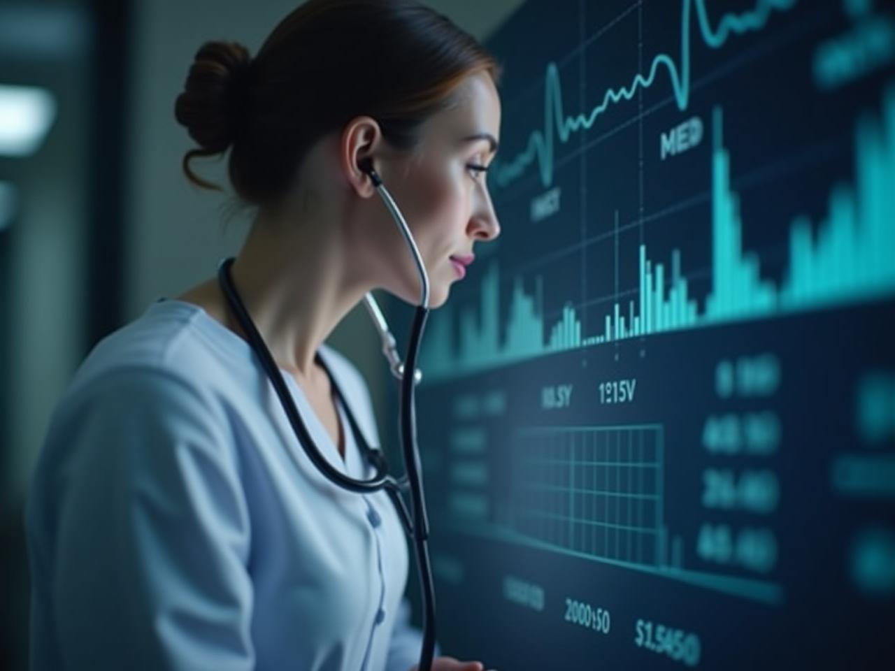A person listening intently with a stethoscope pointed at their own chest, with a digital display of various health metrics subtly overlaid in the background.