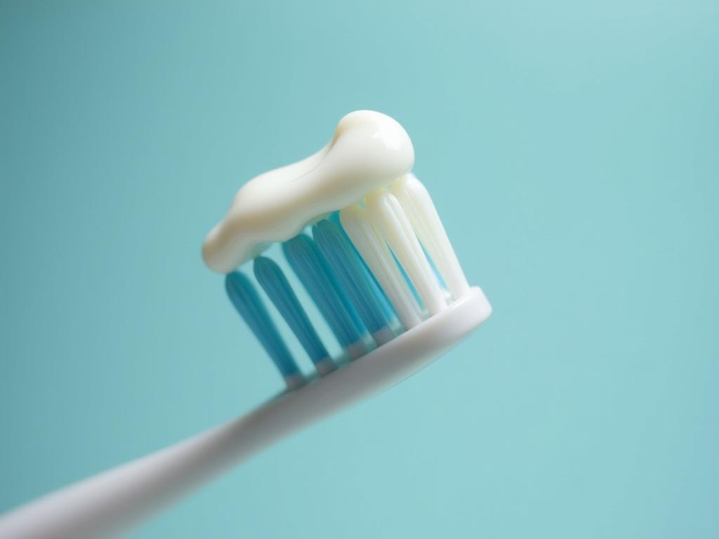 Close-up of a toothbrush with toothpaste on it, ready to be used for brushing teeth before bed.
