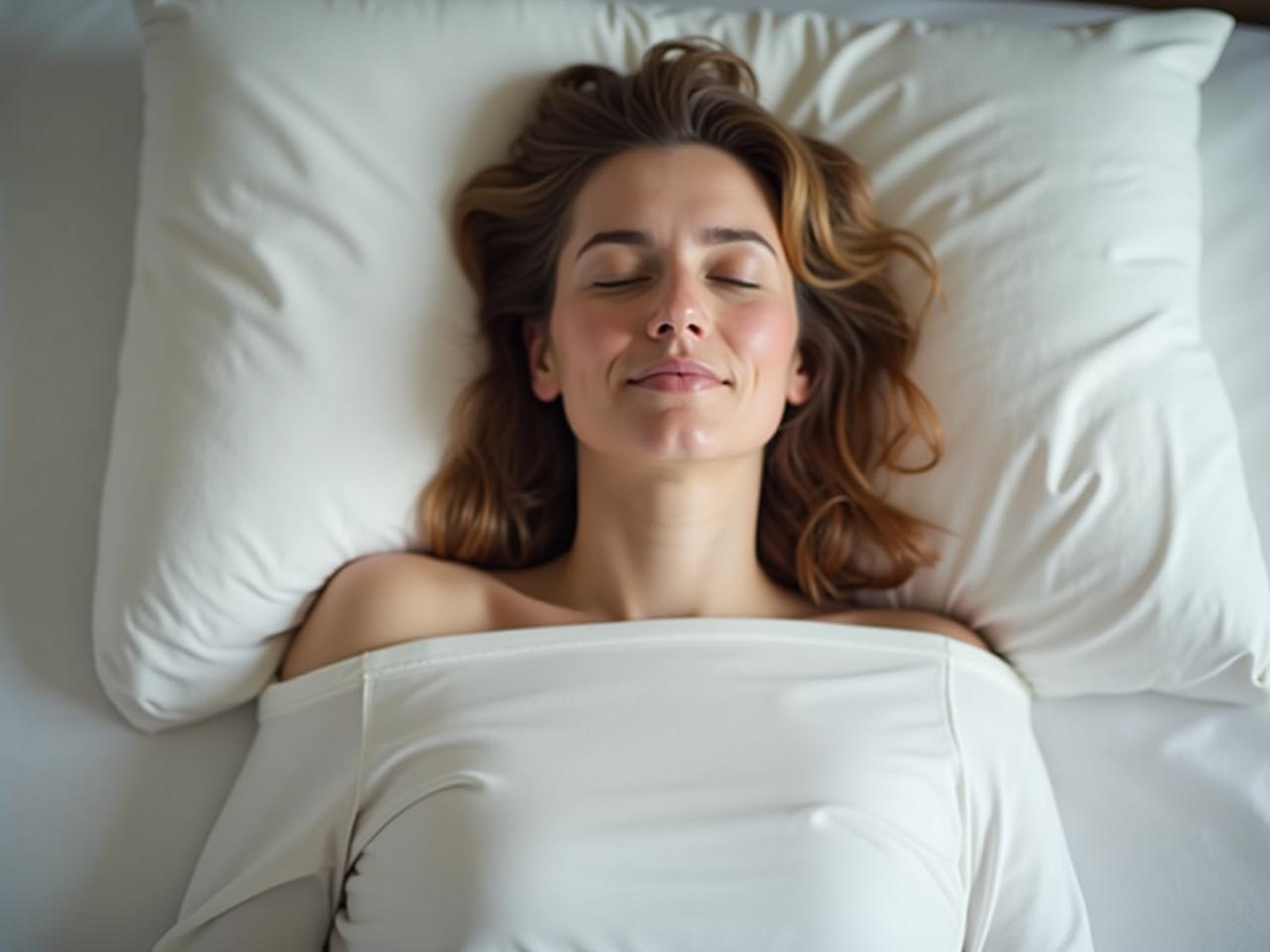 A person lying in bed, eyes closed, practicing the 4-7-8 breathing technique for better sleep.