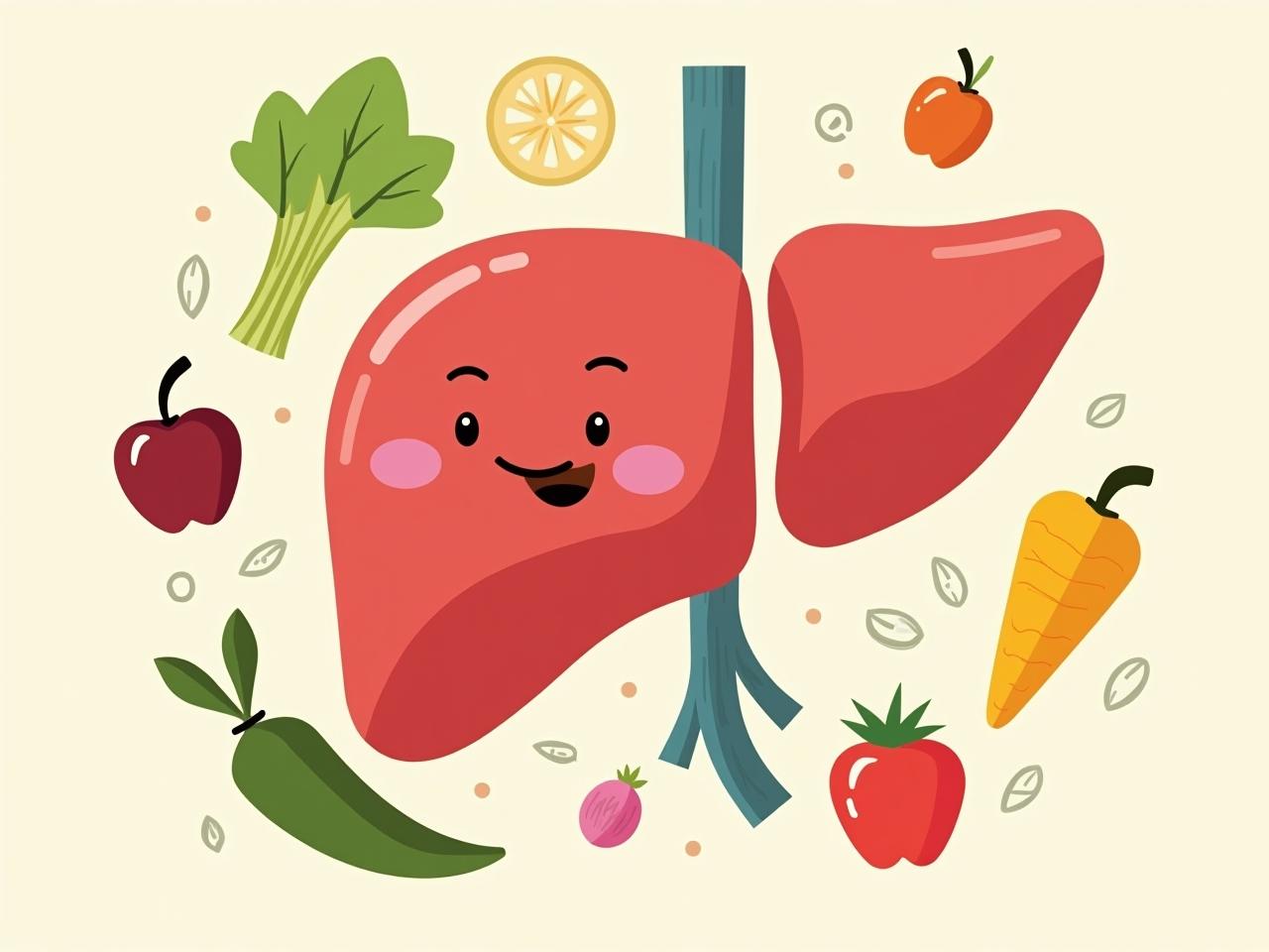 An illustration showing a healthy liver with a smiling face, surrounded by healthy foods like fruits and vegetables.