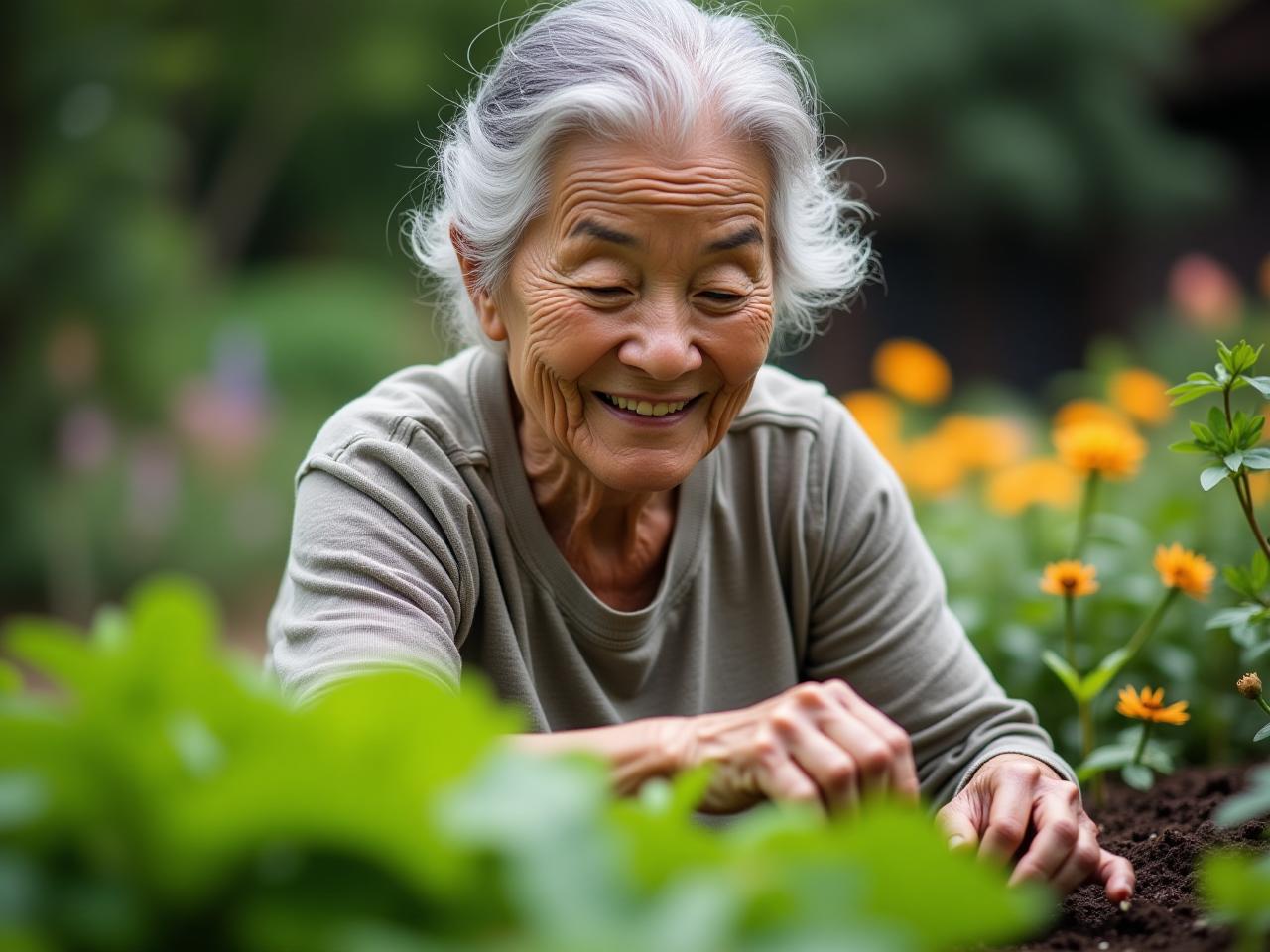 An elderly Okinawan woman working in her garden, symbolizing the active lifestyle and longevity of the regions inhabitants.