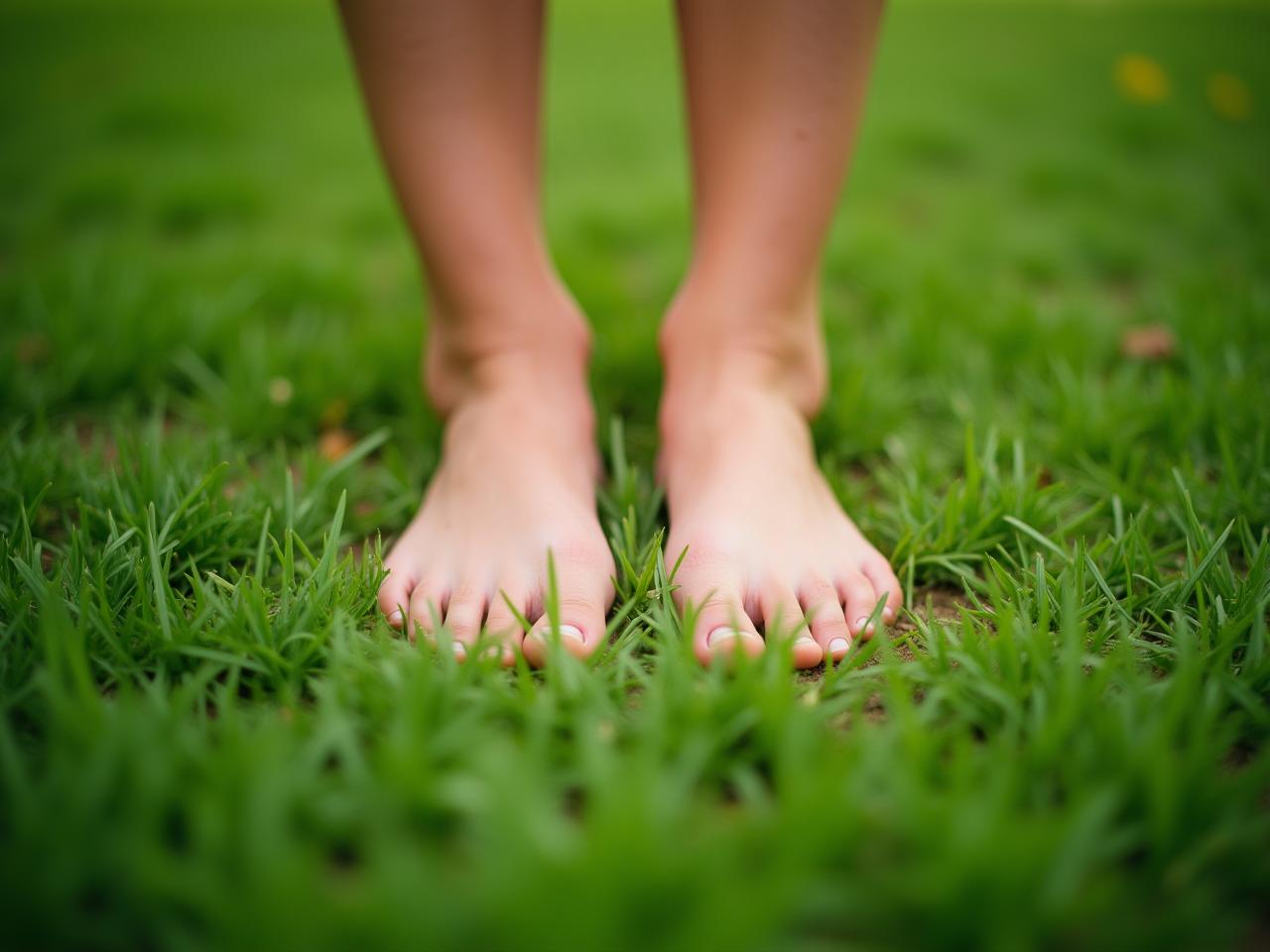 Bare feet standing on green grass, connecting to the earths energy.