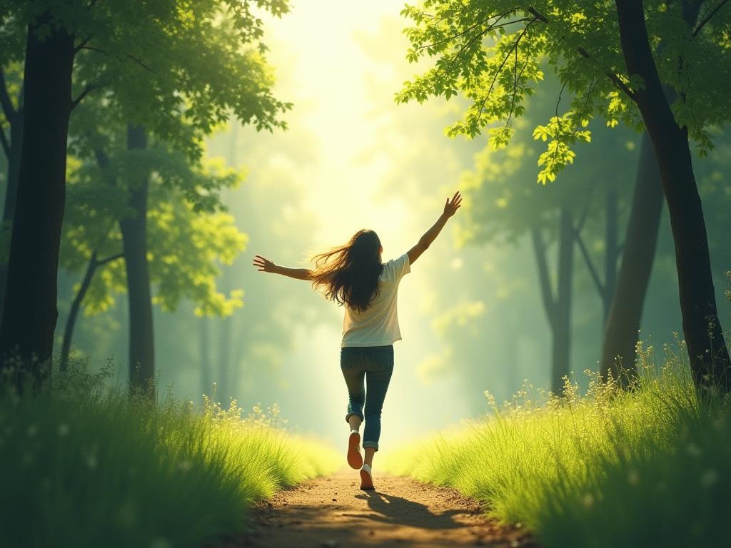 A person moving freely in nature, surrounded by trees and greenery, suggesting natural movement and connection to the environment.