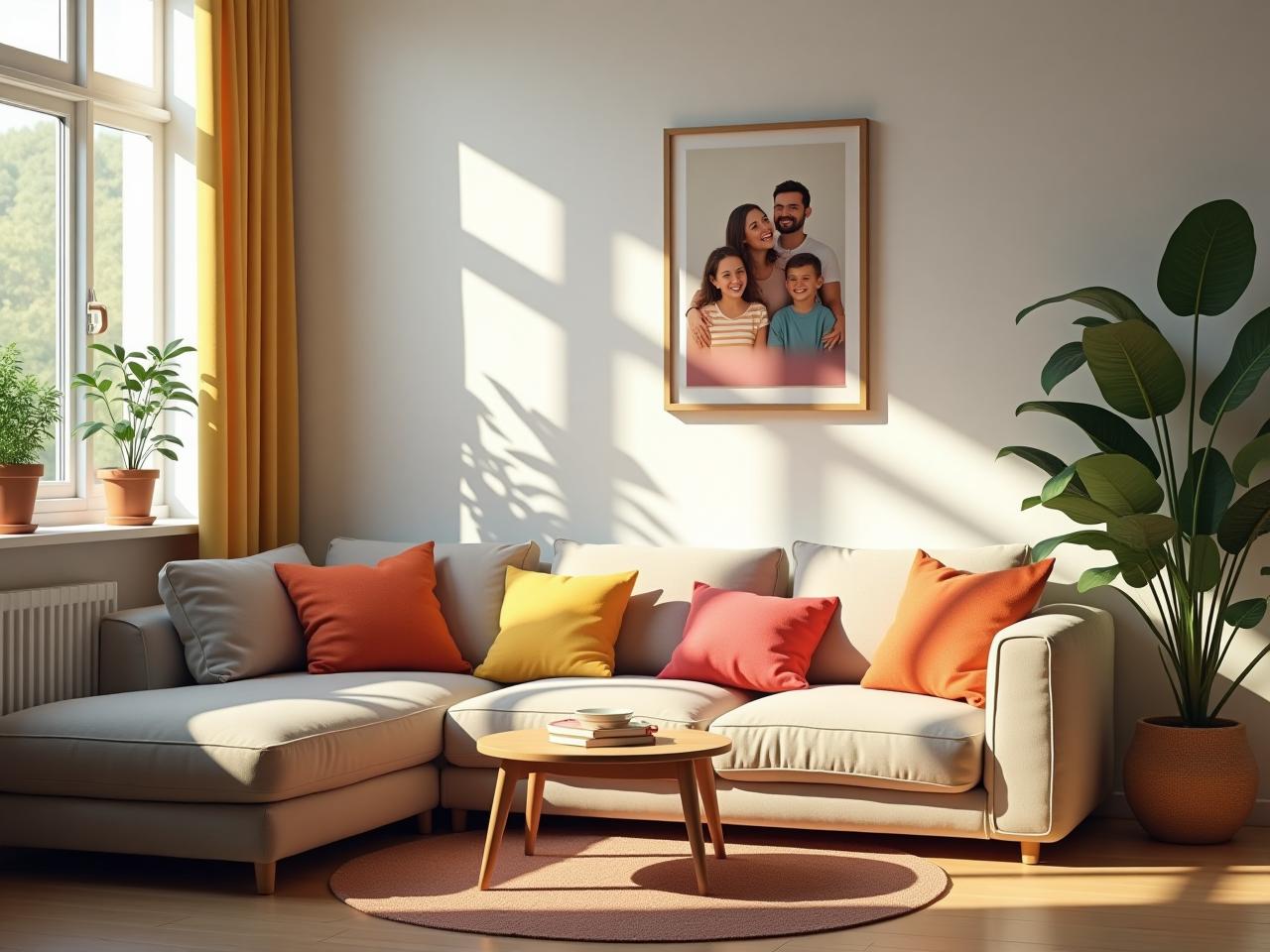 A cozy and inviting living room with natural light, colorful cushions, plants, and a family photo on the wall.