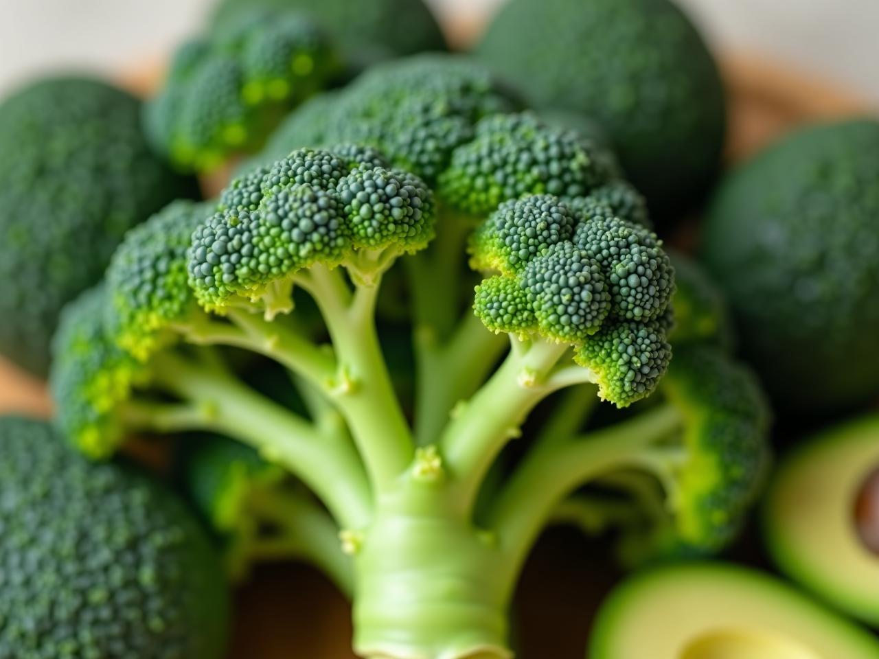 Close-up shot of fresh broccoli and avocados, symbolizing a healthy diet and increased growth hormone.