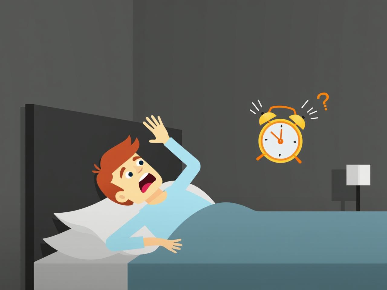 A person waking up startled by an alarm clock.