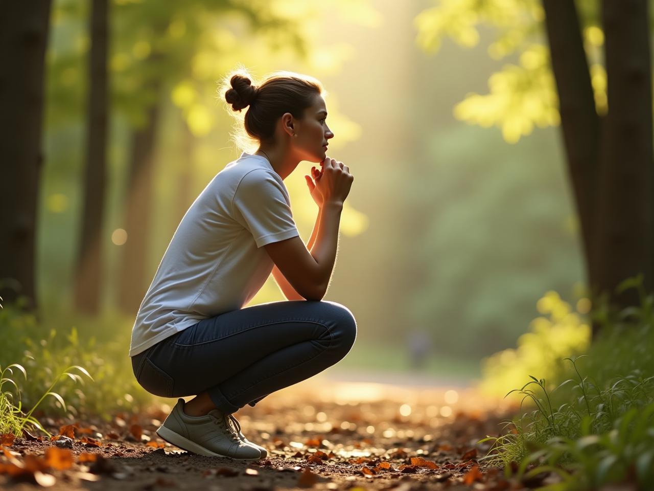 A person doing a squat in nature, emphasizing natural movement and a connection to the environment.