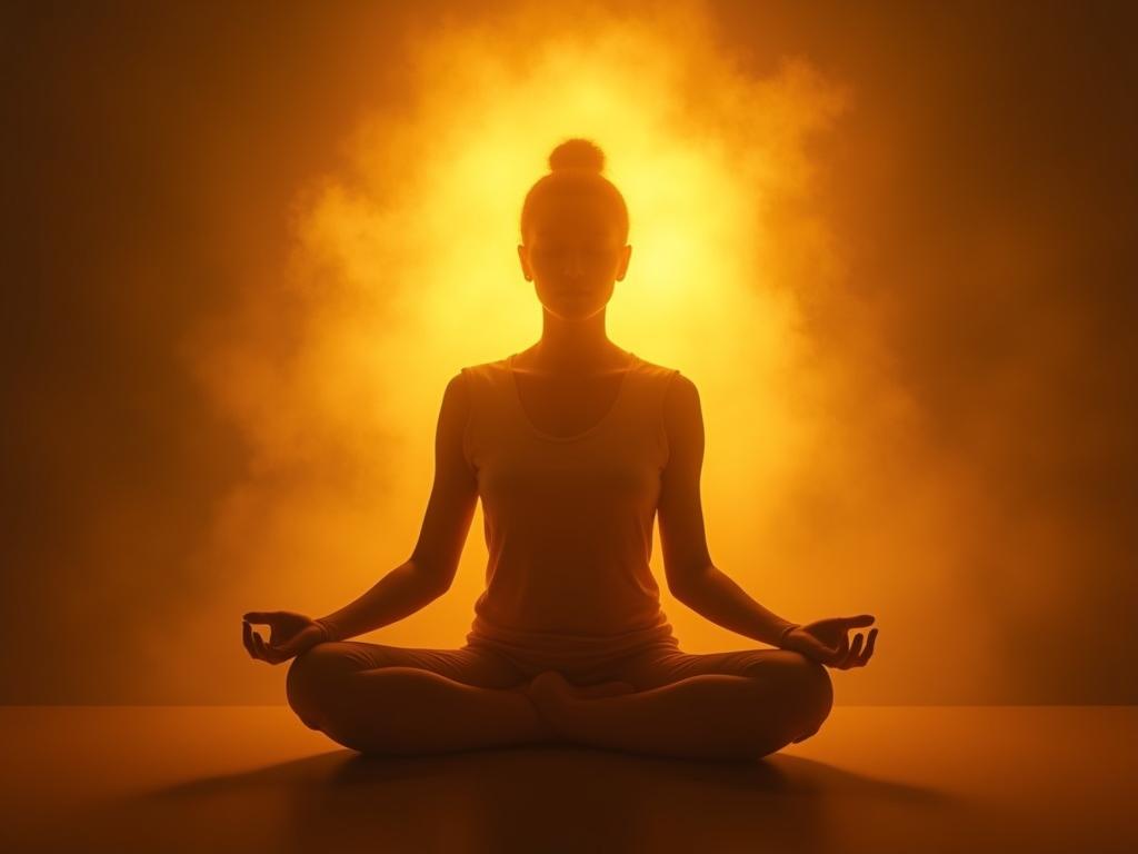 A person meditating peacefully with a warm, golden light surrounding them, symbolizing self-compassion and inner peace.