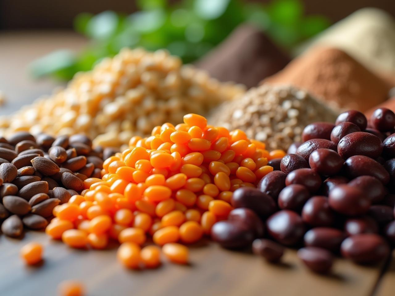 A close-up shot of various legumes, grains, nuts, and seeds, arranged in separate piles on a wooden surface, with a soft, natural light filtering through.