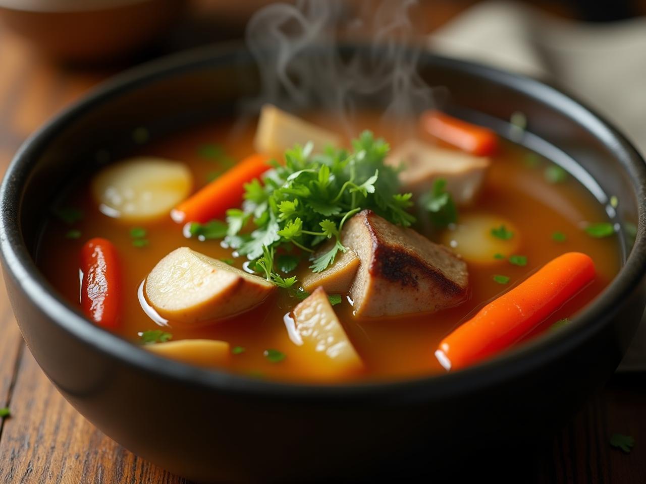 Bowl of bone broth with vegetables and herbs, steaming and appetizing.