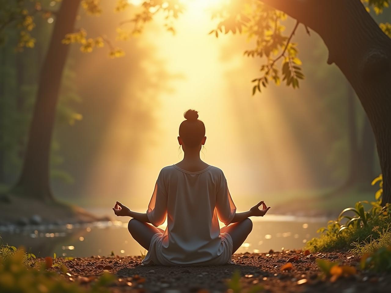 A person meditating in a peaceful setting, transforming stress into positive energy.