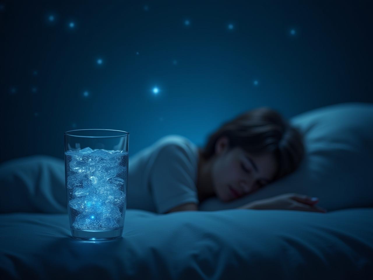 A glass of mineral water with a subtle blue hue, representing lithium, next to a sleeping person under a starry sky.