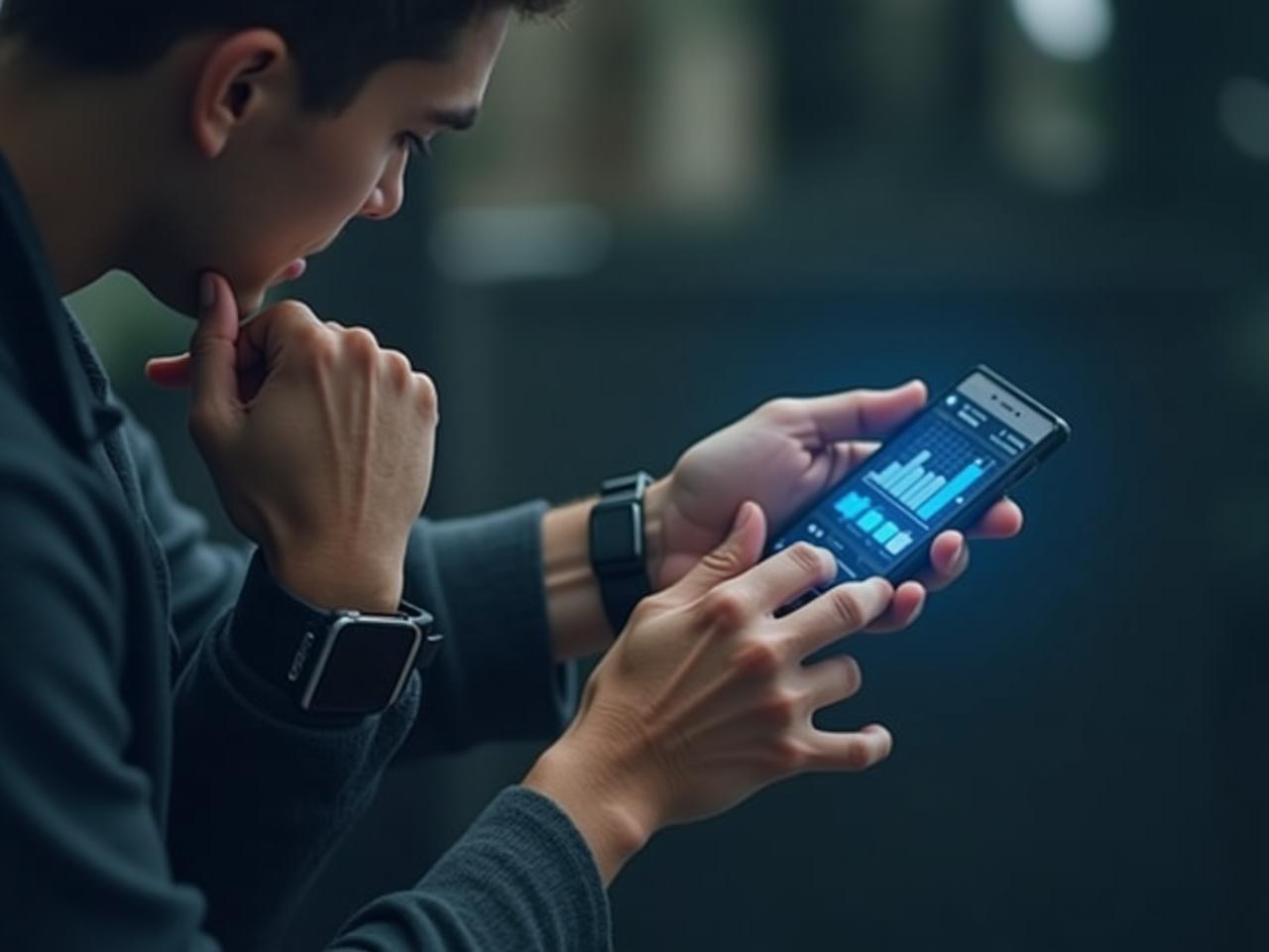 A person wearing a smartwatch and looking thoughtfully at their phone, with graphs and data visualization overlayed.