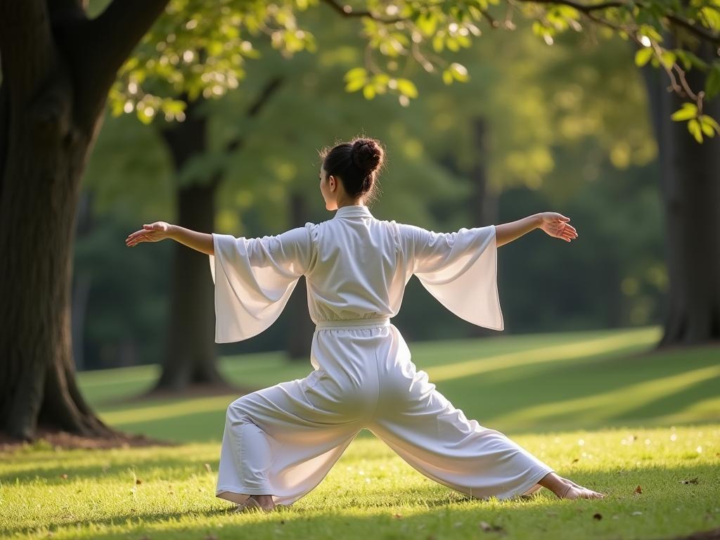 A person doing gentle, flowing movements outdoors in a park, representing the Japanese Kinhin method.