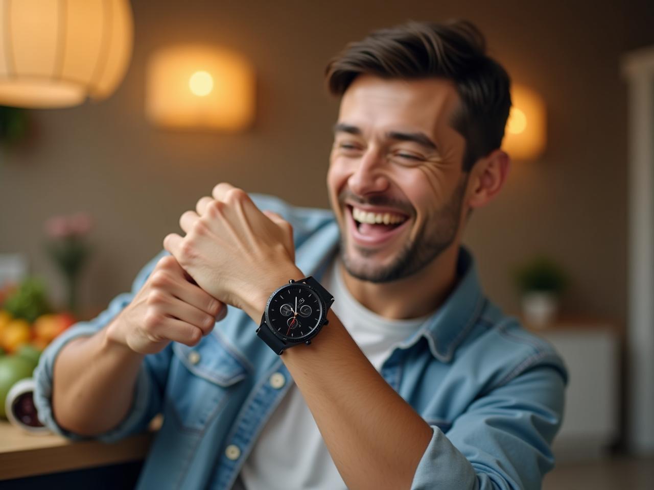 A person wearing a smartwatch and smiling, with healthy food in the background.