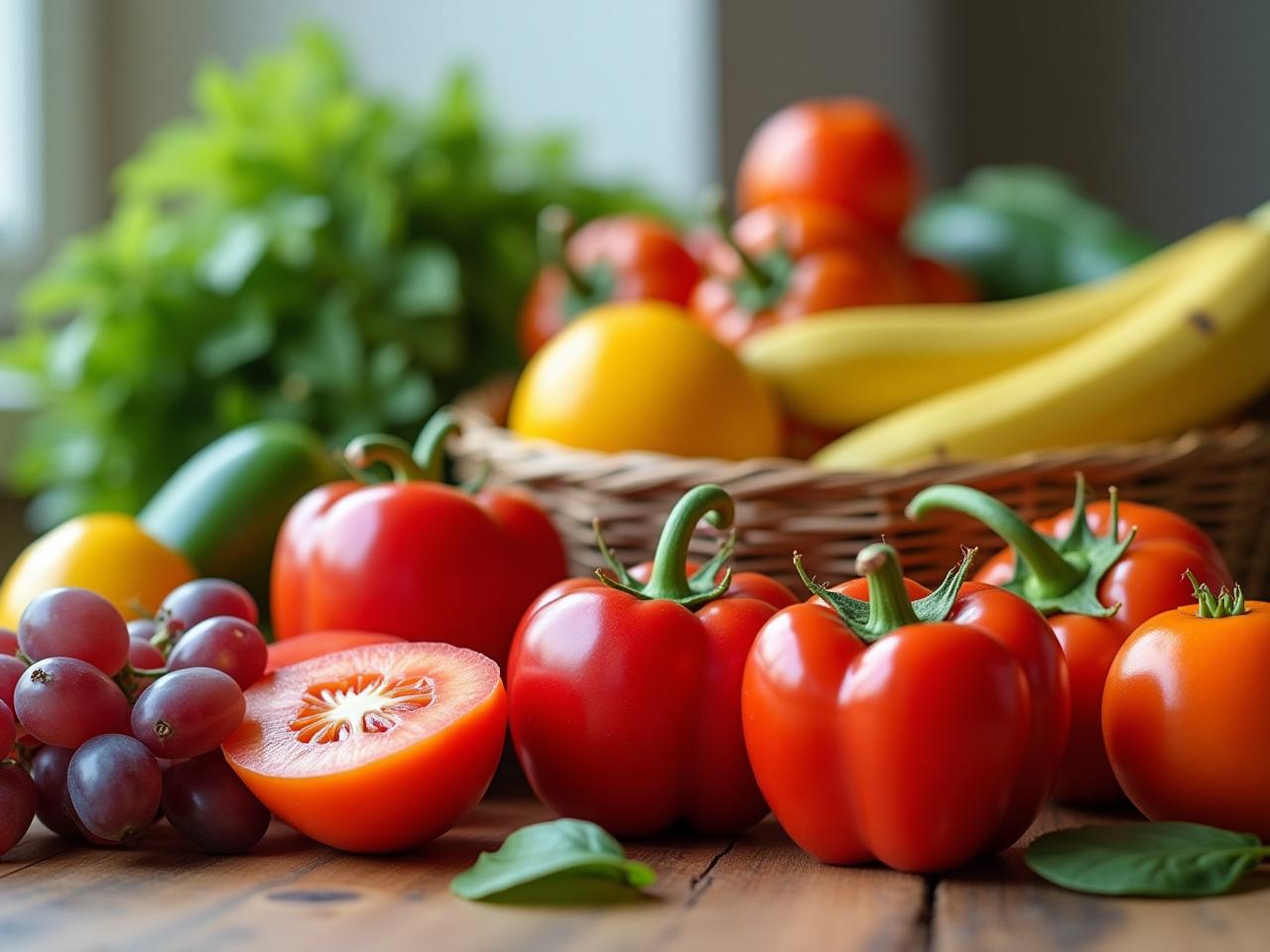 A photo of various colorful fruits and vegetables arranged on a table, symbolizing a balanced diet.