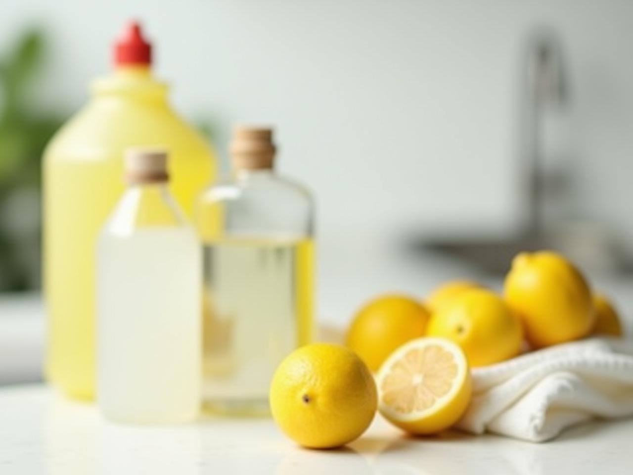 A sparkling clean kitchen counter with lemons, baking soda, and vinegar bottles.