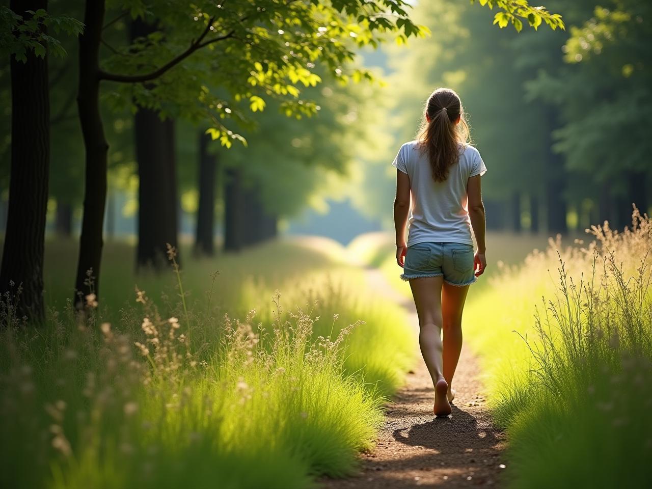 A person walking barefoot on a grassy path in nature, surrounded by trees. The image conveys a sense of natural movement and connection to the environment.