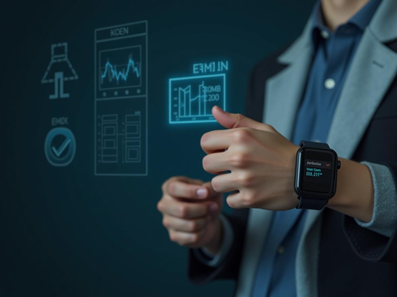 A person using a wearable device to monitor their health metrics, surrounded by data visualizations and charts.