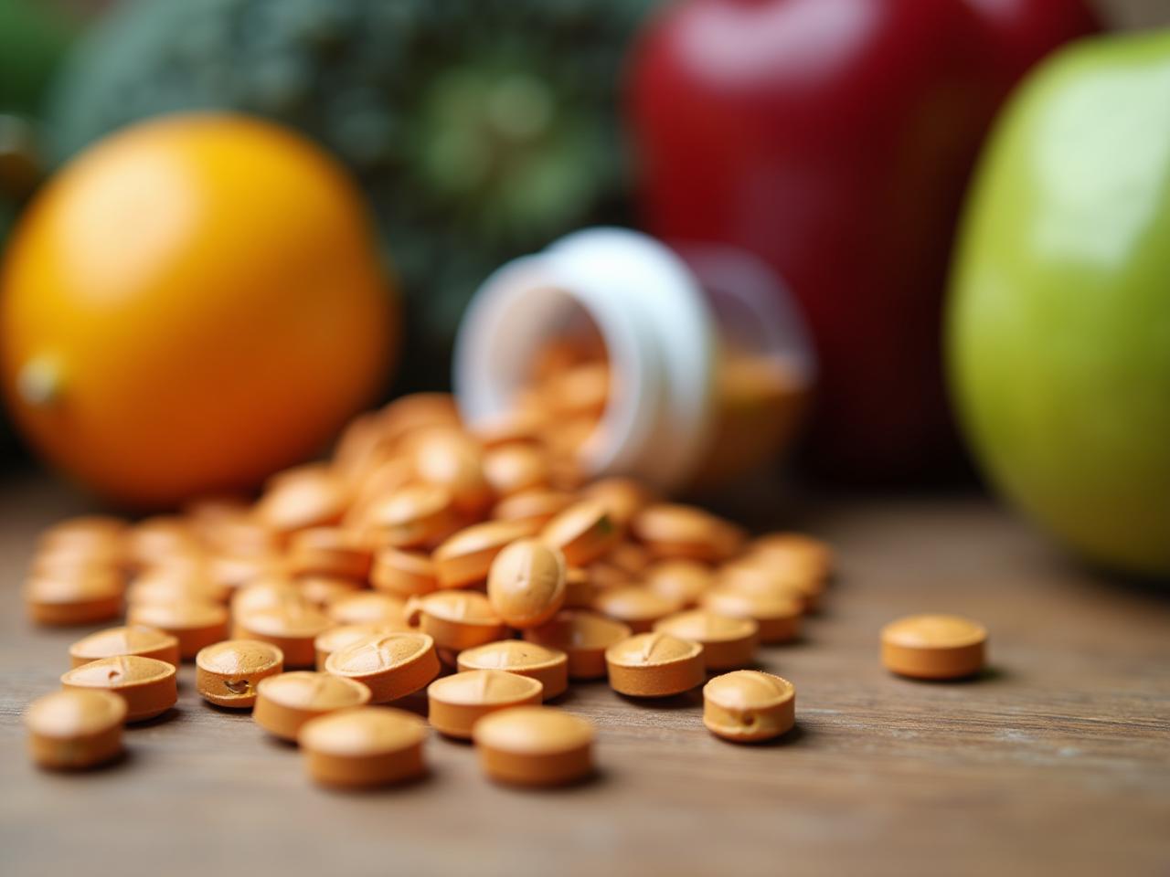 Close-up shot of multi-vitamins alongside fresh fruits and vegetables, with a thoughtful person in the background.
