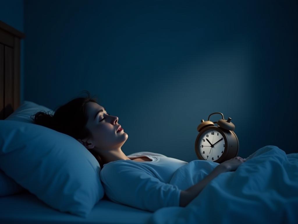 A person lying awake in bed, looking at a clock in the middle of the night, symbolizing sleep problems and a disrupted circadian rhythm.