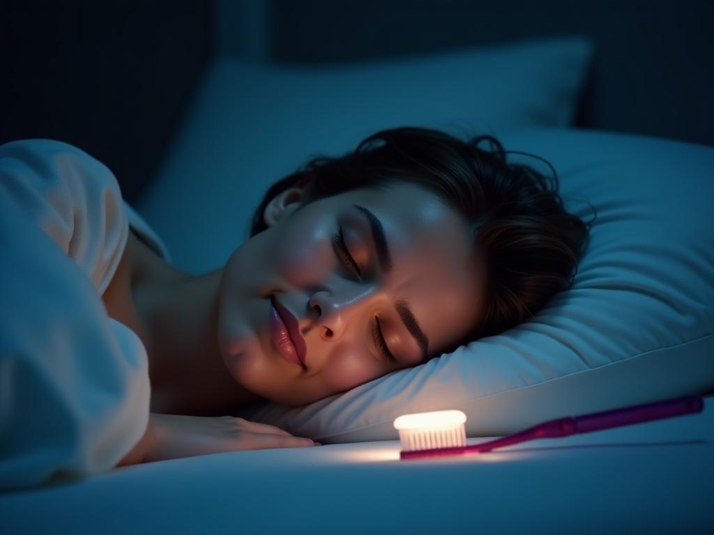 An image of a person sleeping peacefully, with a soft glow illuminating their face, and a toothbrush and toothpaste in the background, subtly hinting at the connection between oral health and sleep quality.