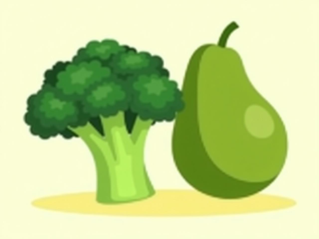 Broccoli and avocado side by side. A green leafy vegetable, representing broccoli, and a smooth green fruit, representing avocado, on a bright, clean background.