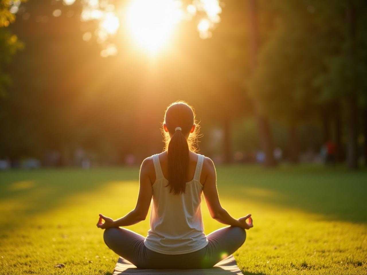 A person doing yoga outside in a sunny park, symbolizing a healthy lifestyle.