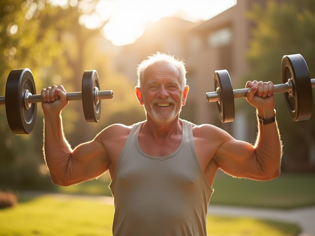 An elderly person lifting weights in a sunny outdoor environment, symbolizing strength and healthy aging.