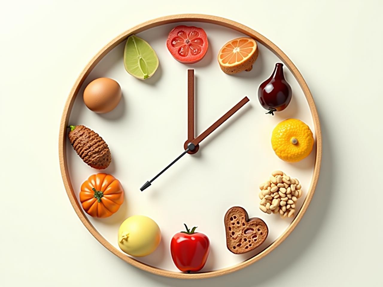 A clock with different food items instead of numbers, representing eating according to the bodys clock.