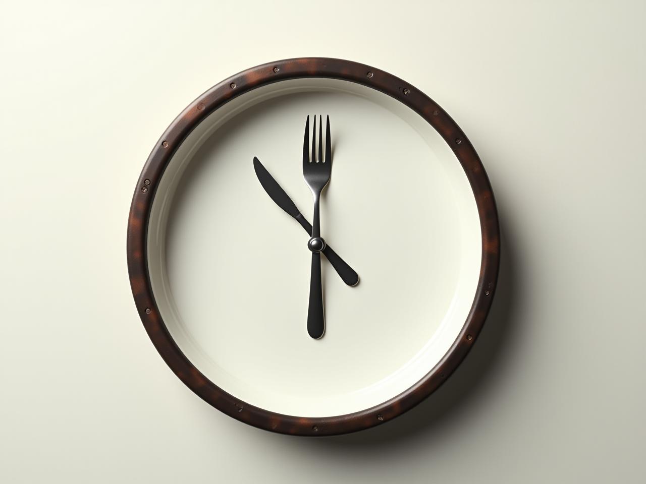 A clock with a fork and knife instead of hands, representing the connection between time and eating.