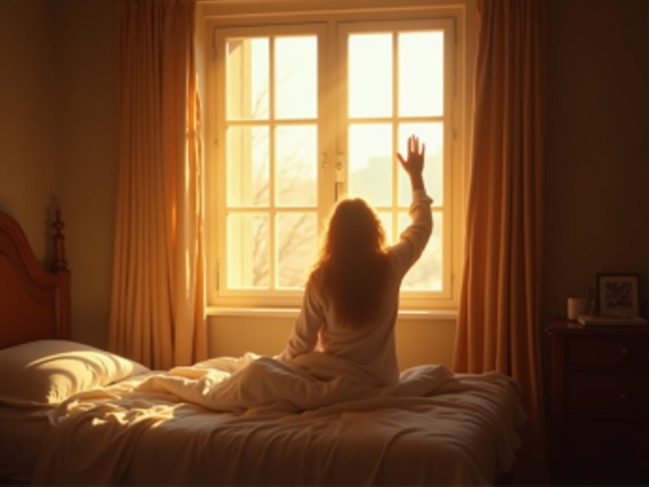 A person waking up and opening the window to sunlight.