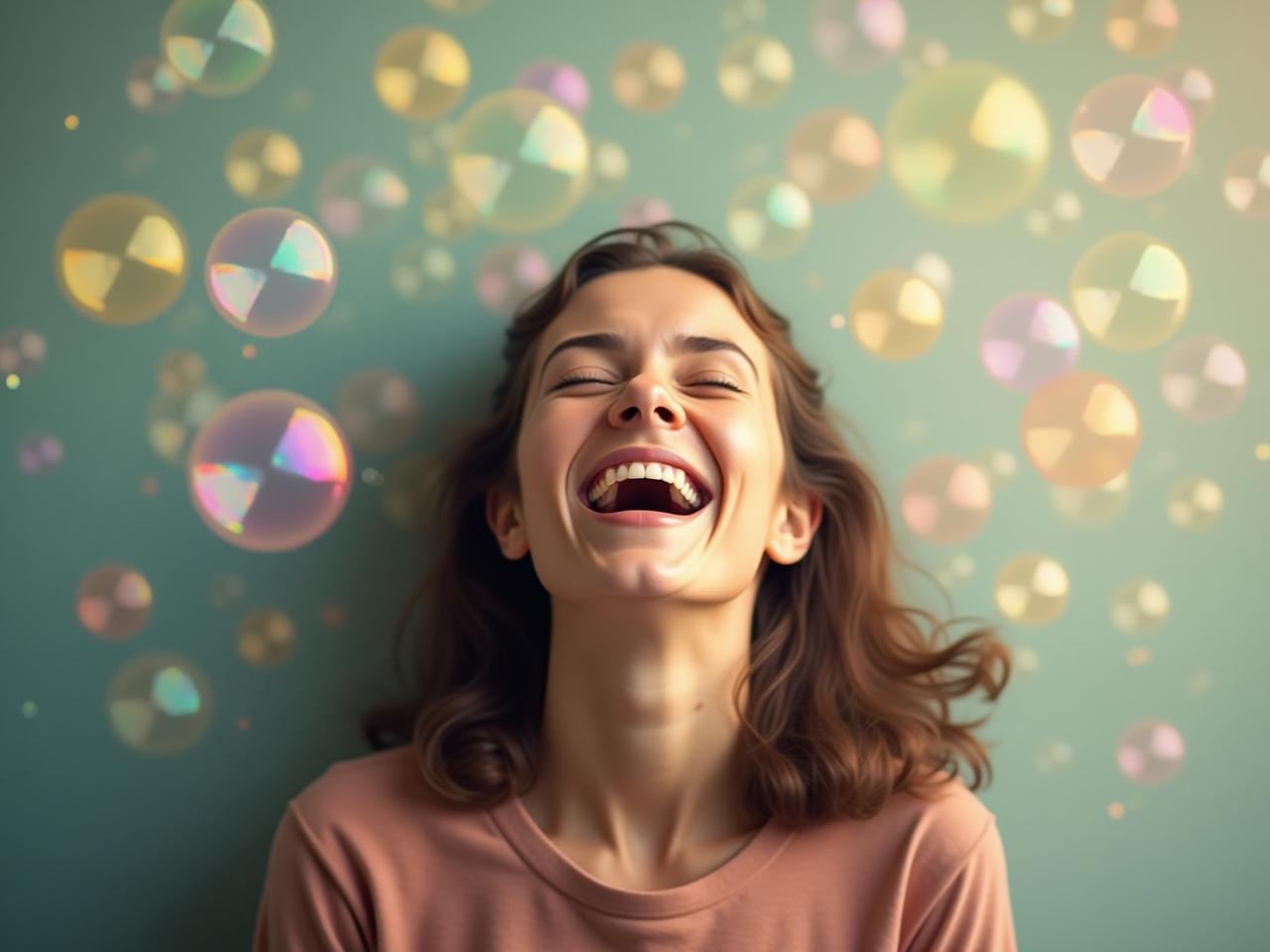 A person laughing heartily with their eyes closed, surrounded by colorful bubbles.
